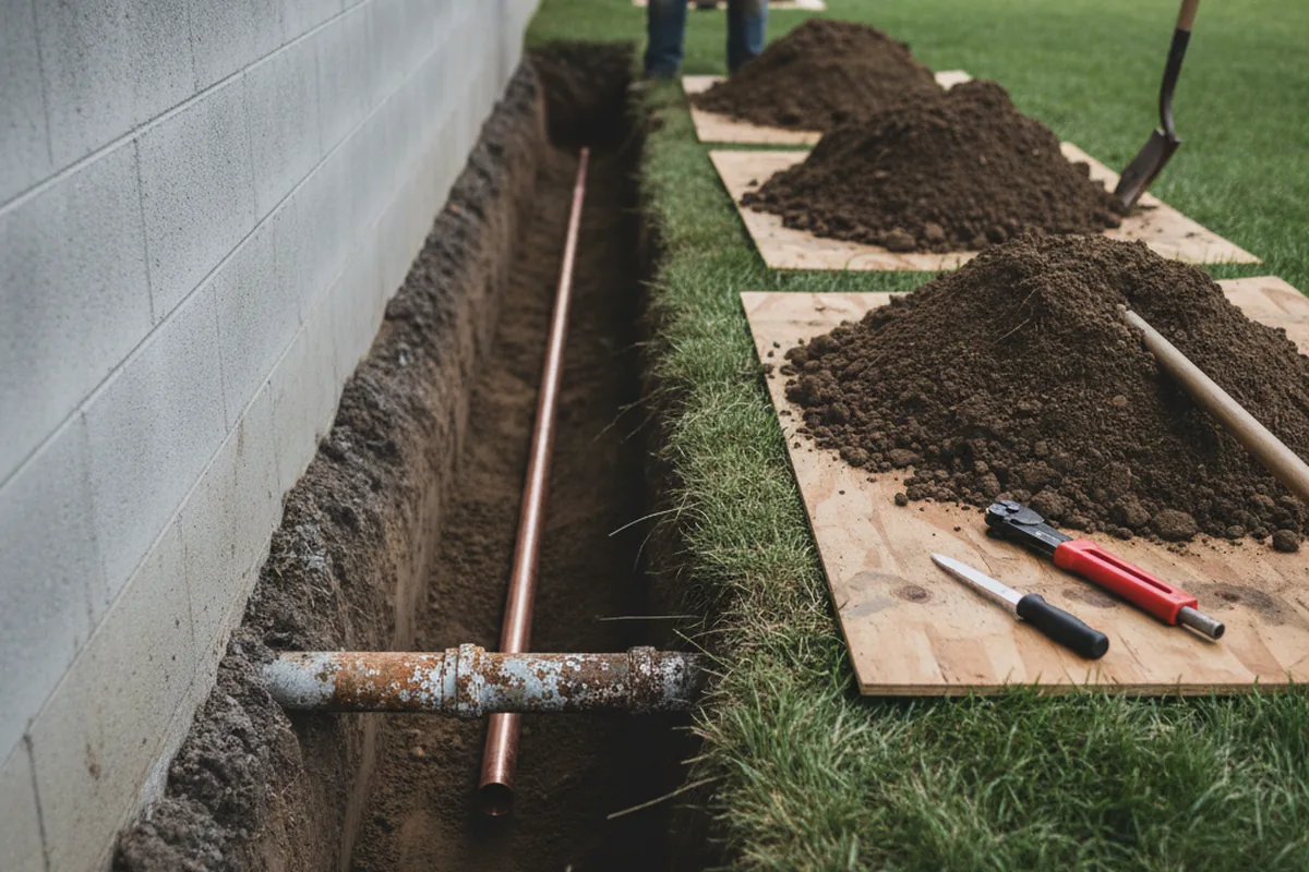 Excavated water line trench during Water Heater Repair in Ivanhoe